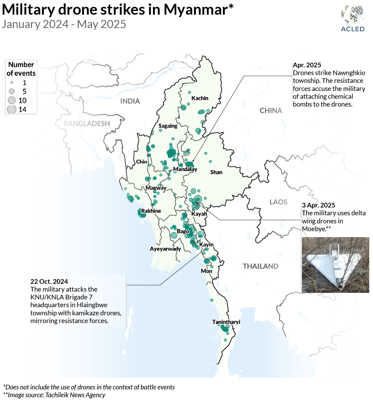 Map - Military drone strikes in Myanmar* January 2024 - May 2025